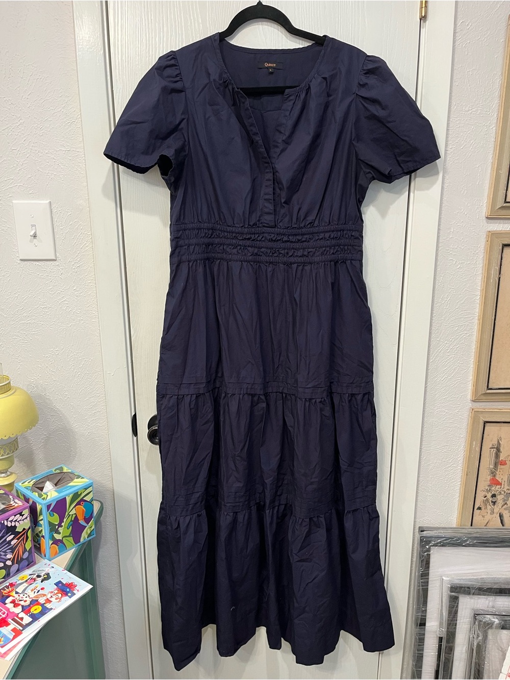 Quince Maxi Dress Navy Blue Organic Cotton Poplin Tiered Large - Picture 2 of 9